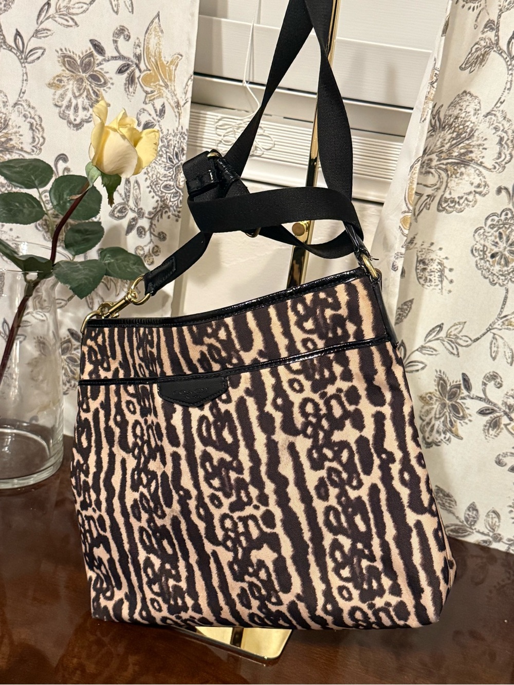 Coach Ocelot Animal Print Nylon Swingpack Crossbody Bag Black Patent Trim